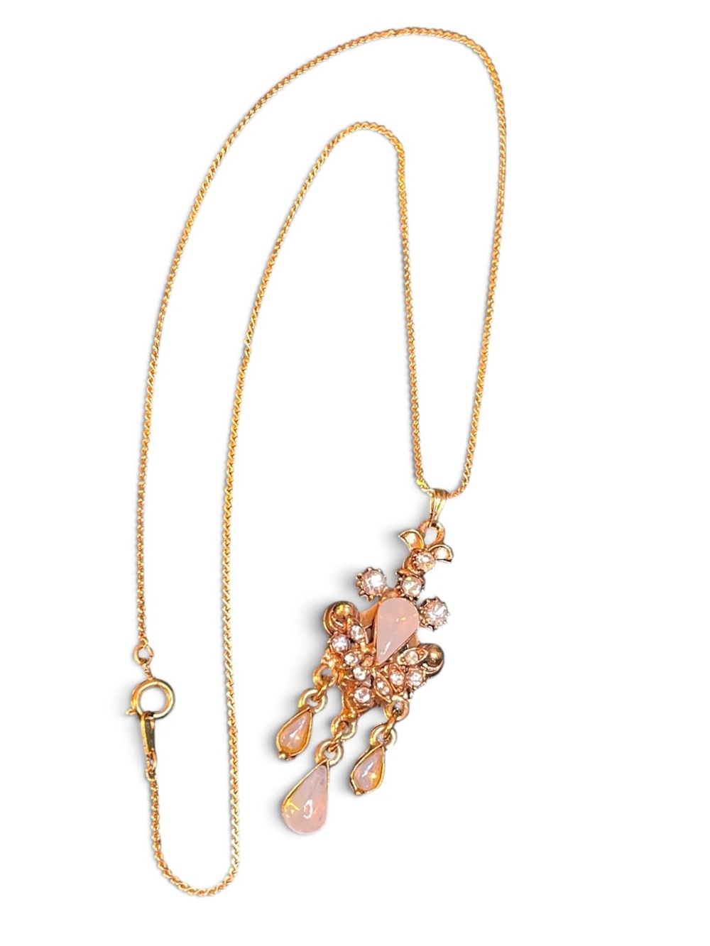 Vintage Florenza Gold-Tone Faux Opal Teardrop Dangle Pendant Necklace